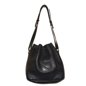 Dooney Bourke Vintage 90s Black Pebbled Leather Bucket Bag Drawstring Tassel